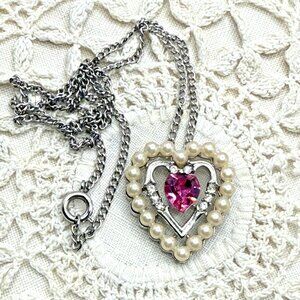 Vintage AVON Silver Tone Dear Heart Pendant 18" Necklace Pearl Pink Rhinestone